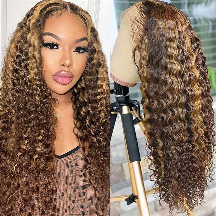 Hairsmarket Blonde Highlight Lace Wig Deep Wave Human Hair Wigs HD Transparent Lace Wigs with Baby Hair
