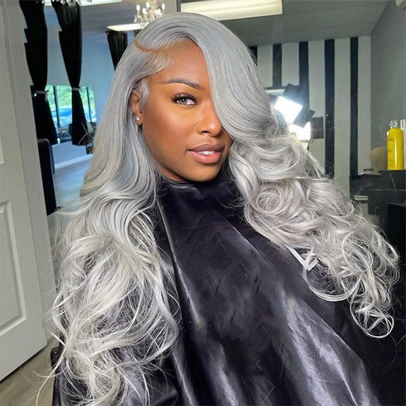 Silver Grey Body Wave Lace Front Wig Transparent HD Human Hair Colored Wigs