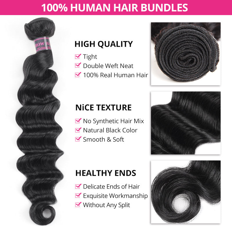 Hairsmarket Loose Deep Wave Bundles with Closure Peruvian Hair 3 Bundles with 4x4 Lace Closure Virgin Human Hair