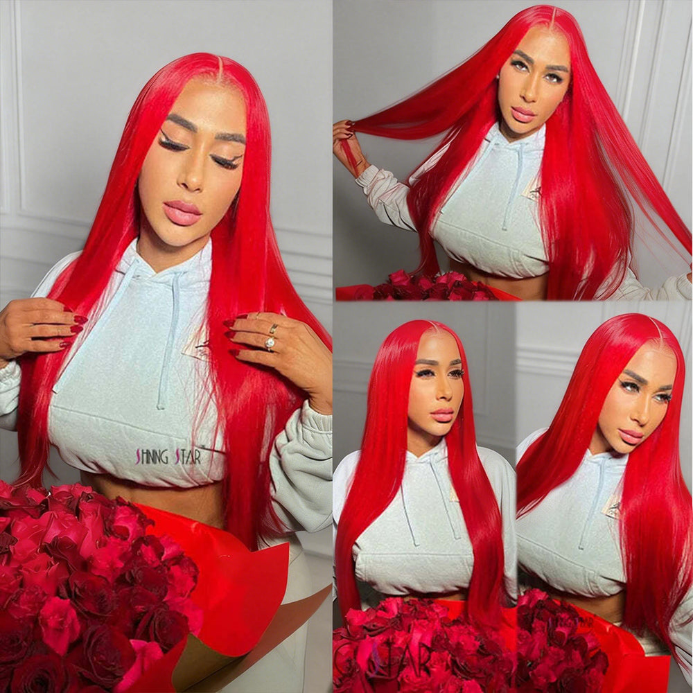 Hairsmarket Red Colored 13x6 Lace Front Wig Straight Body Wave Human Hair Wigs