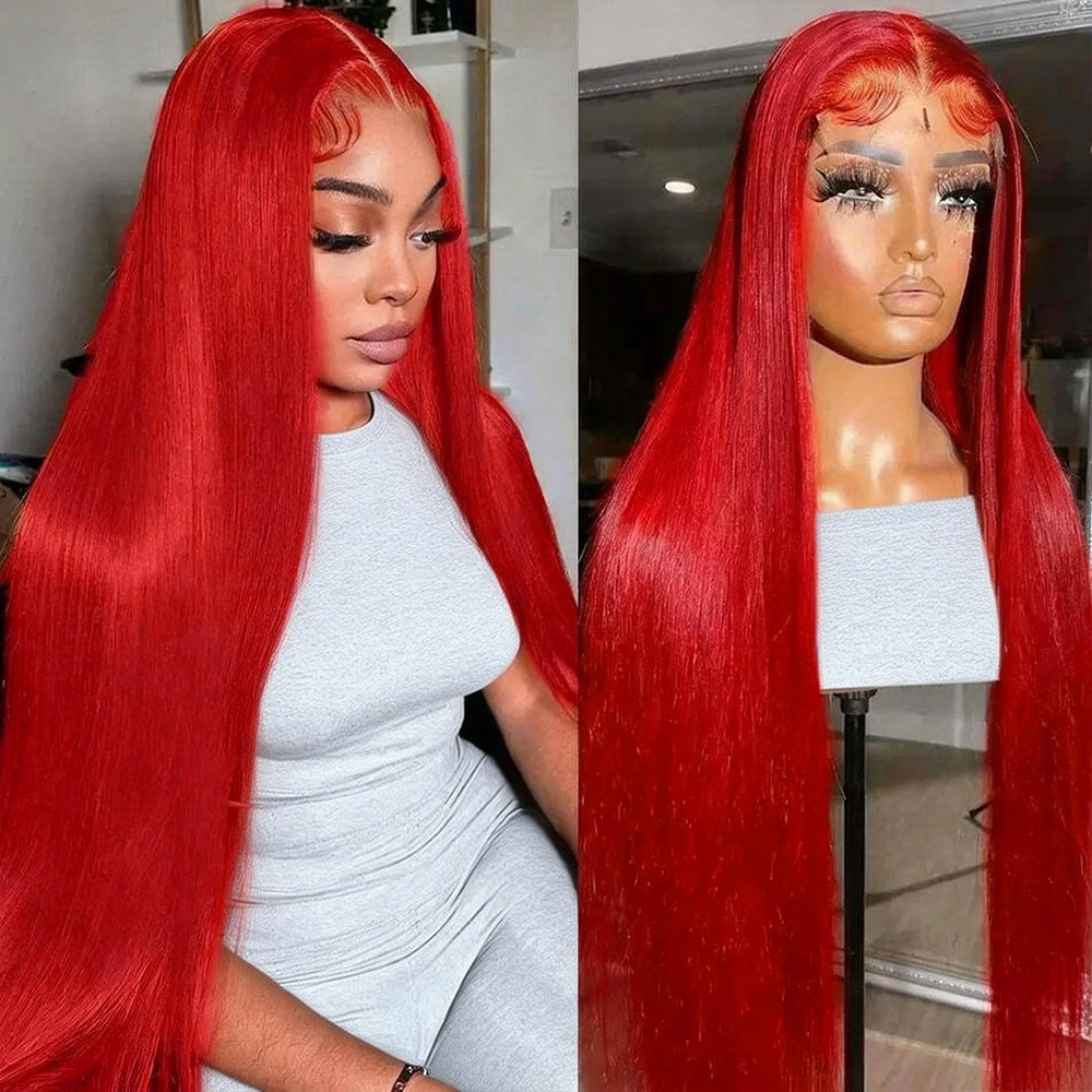 Hairsmarket Red Colored 13x6 Lace Front Wig Straight Body Wave Human Hair Wigs