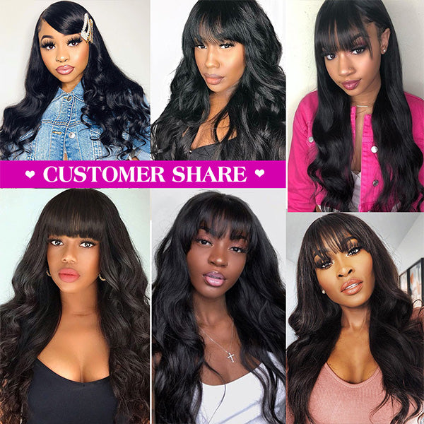 Body Wave Virgin Hair Wig With Free Part Bangs Machine Made Human Hair Wigs