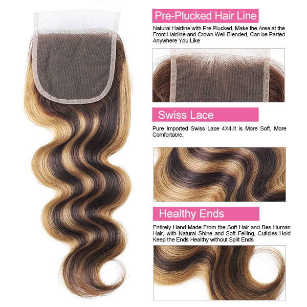 Honey Blonde Highlight Bundles with Closure Body Wave Hair 3 Bundles with Lace Closure