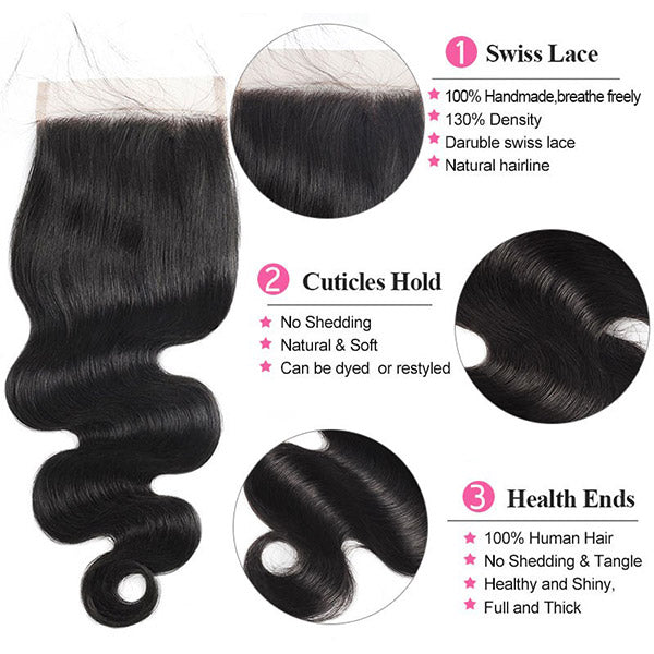 8A Quality Body Wave Human Hair 3 Bundles With 5*5 Lace Closure