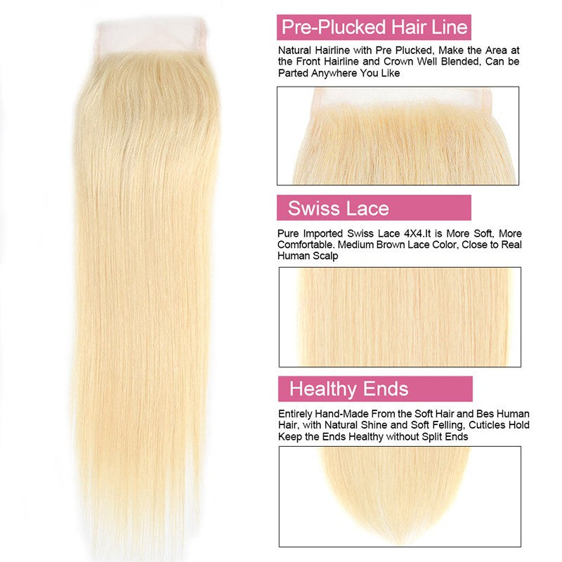 613 Blonde Straight Human Hair Weave 3 Bundles With Lace Closure