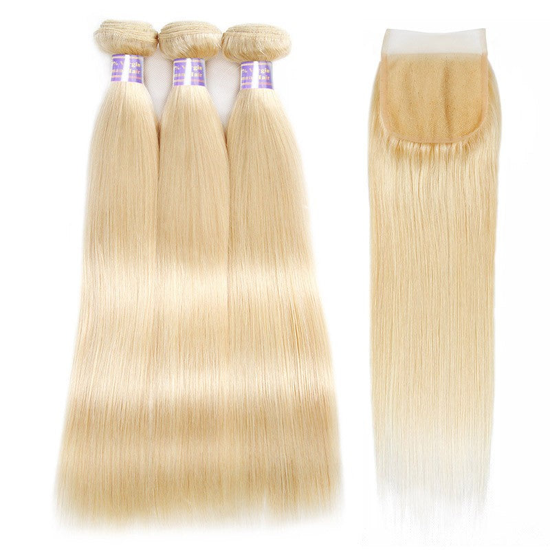 613 Blonde Straight Human Hair Weave 3 Bundles With Lace Closure