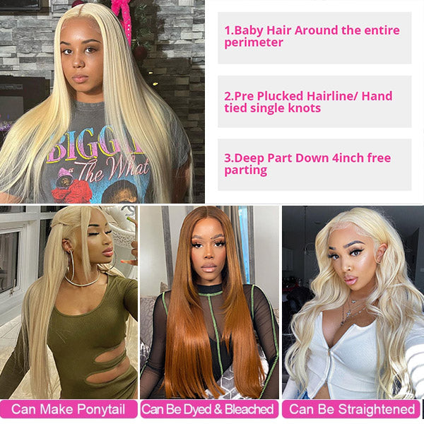 613 Blonde Straight Hair 4x4 Lace Closure Wigs HD Transparent Lace Front Human Hair Wig