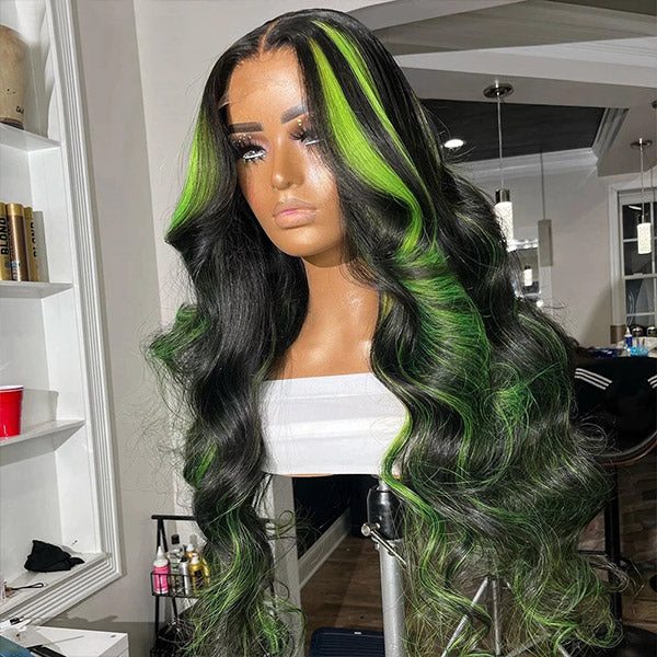 Highlight Green Wigs 13x4 HD Lace Front Wigs Body Wave Human Hair Wigs 34 Inch