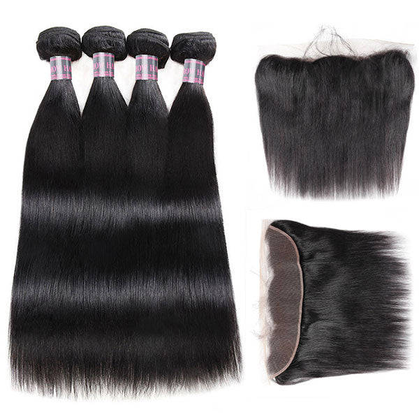 Ishow Brazilian Straight Hair Lace Frontal Closure With 4 Bundles Human Hair Weave