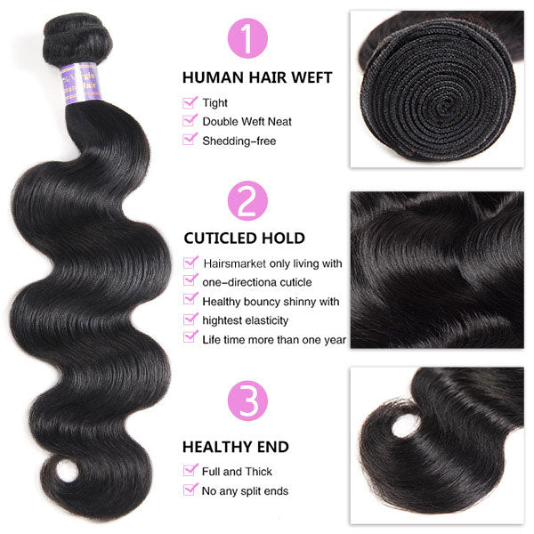 8A Brazilian Body Wave Hair Weave 3 Bundles With Lace Closure