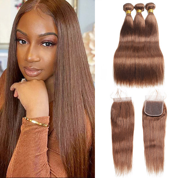Light Brown Straight Human Hair 3 Bundles With 4x4 Closure