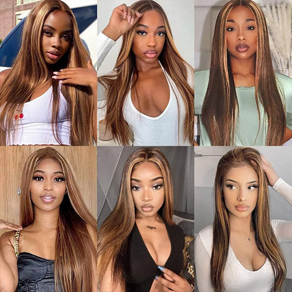 Highlight Honey Blonde 4x4 Lace Closure Wigs Straight Human Hair HD Lace Wigs