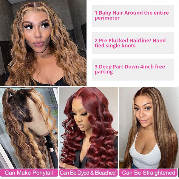 Highlight Wigs Loose Deep Lace Closure Wigs Human Hair Wigs with Highlights HD Transparent Lace Wig