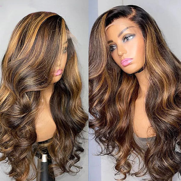 Blonde Balayage HD Lace Frontal Wig Highlight Body Wave Human Hair Wigs 13x4 Lace Front Wig