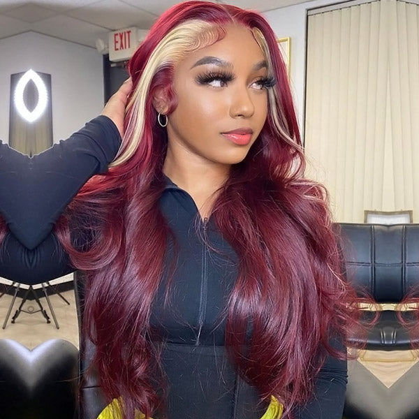 Skunk Stripe Wig Burgundy Blonde Colored Wig 13x4 Lace Front Wig Body Wave HD Wigs