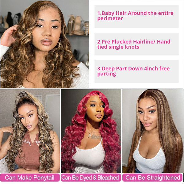 30Inch Black Wigs with Blonde Highlights Loose Deep Human Hair Wigs 13x4 Lace Front Wigs