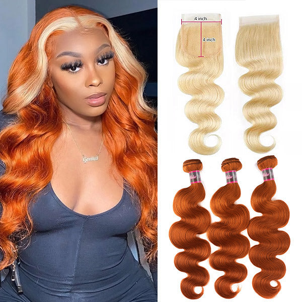 Ginger Blonde Hair Bundles Body Wave Hair with Closure Ombre Human Hair Bundles