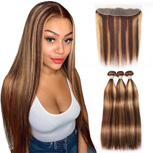 Brazilian Highlight Straight Hair Bundles with 13*4 Lace Frontal Virgin Human Hair