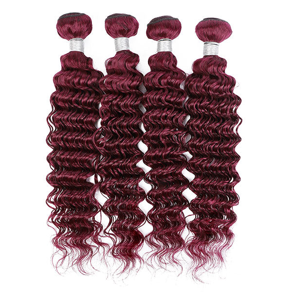 99J Deep Wave 3 Bundles With Closure Virgin Burgundy Human Hair Bundles With Closure