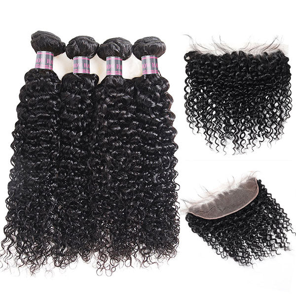 Ishow Kinky Curly Peruvian Human Hair 4 Bundles With 13x4 Lace Frontal With Baby Hair
