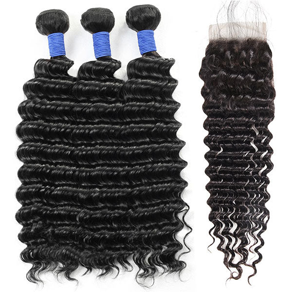 10A Brazilian Human Hair Deep Wave 3 Bundles With 4*4 Lace Closure