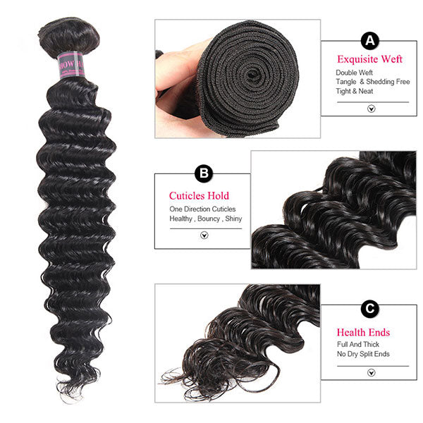 Ishow Virgin Brazilian Deep Wave Human Hair 4 Bundles With Lace Frontal Closure