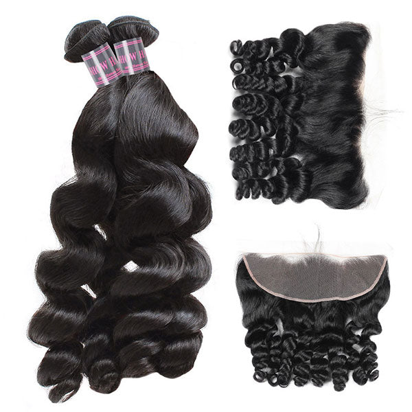 Ishow Peruvian Human Hair Bundles With Lace Frontal Closure Unprocessed Loose Wave Hair 4 Pcs