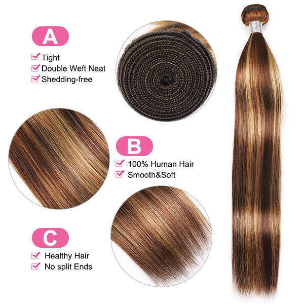 Highlight Bundles with Lace Frontal Closure P4/27 Brazilian Straight Human Hair with HD 13x4 Lace Front Closure