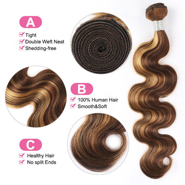 Honey Blonde Highlight Bundles with Closure Body Wave Hair 3 Bundles with Lace Closure
