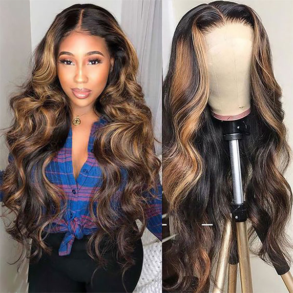 Honey Blonde Highlight Lace Front Wigs Body Wave Human Hair Wig 13x4 HD Lace Frontal Wigs