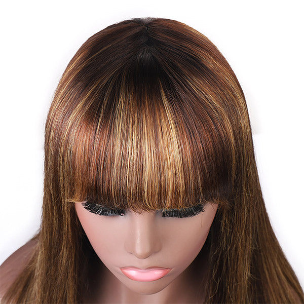 Virgin Straight Hair Wigs With Bang Highlight Color Machine Made Human Hair Wigs