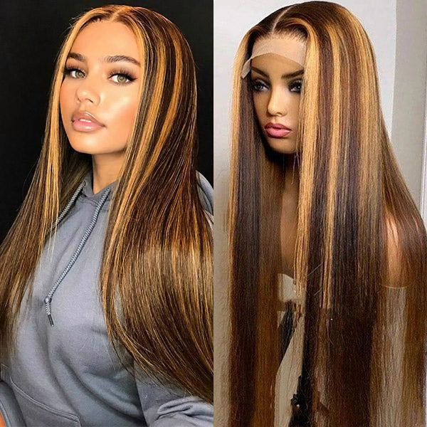 Highlight Honey Blonde 4x4 Lace Closure Wigs Straight Human Hair HD Lace Wigs