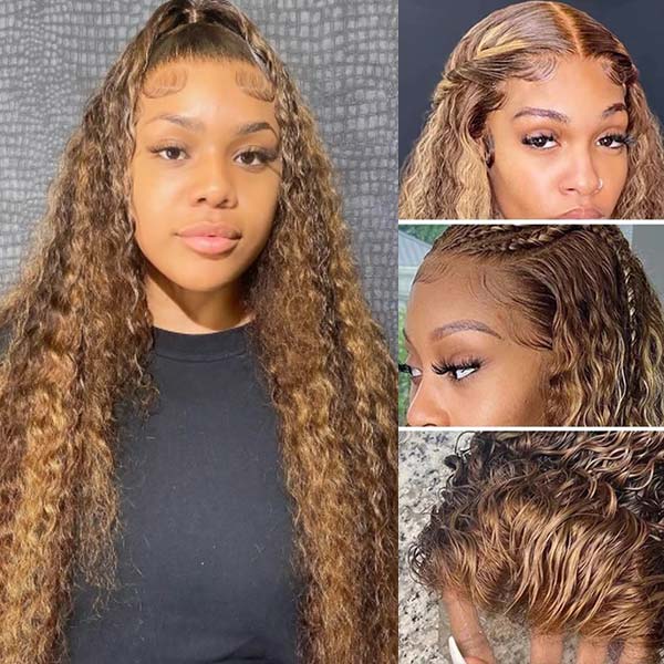 Honey Blonde Highlights Wig Curly Hair 4x4 Lace Closure Wigs 180% Density HD Transparent Lace Wig