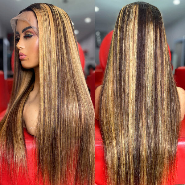 Highlight Honey Blonde 4x4 Lace Closure Wigs Straight Human Hair HD Lace Wigs