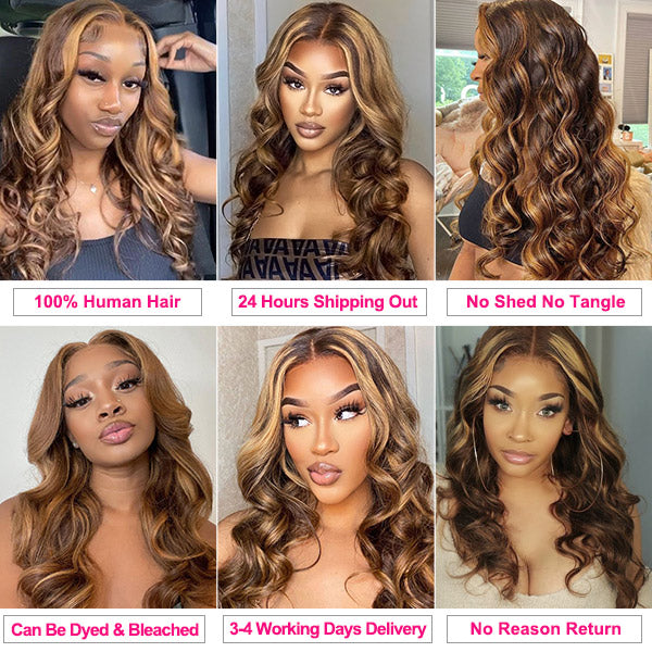 Honey Blonde Highlight Bundles with Closure Body Wave Hair 3 Bundles with Lace Closure