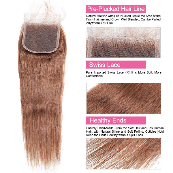 Light Brown Straight Human Hair 3 Bundles With 4x4 Closure