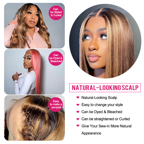 Highlight Honey Blonde 4x4 Lace Closure Wigs Straight Human Hair HD Lace Wigs