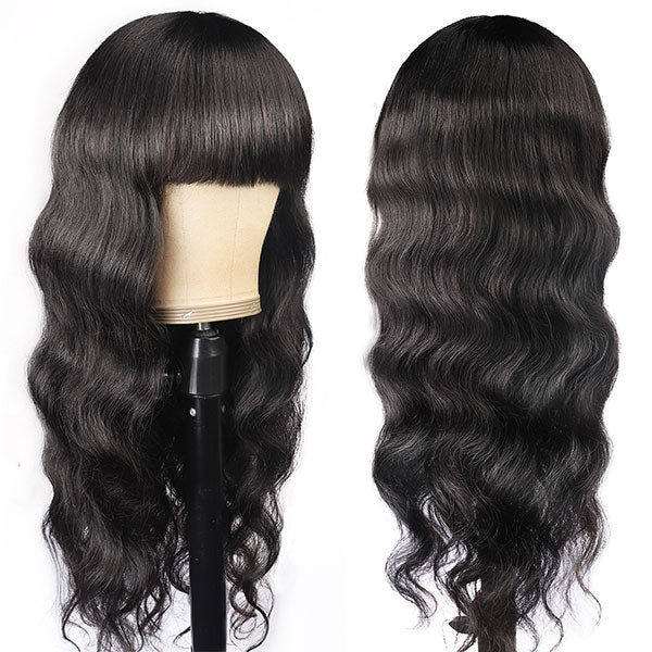 Body Wave Virgin Hair Wig With Free Part Bangs Machine Made Human Hair Wigs