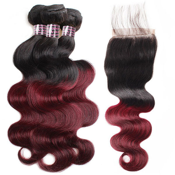 Ombre 99J Body Wave Human Hair 3 Bundles With 4x4 Lace Closure