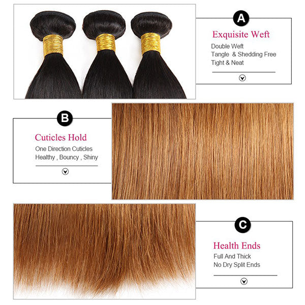 Ombre Straight Virgin Human Hair 3 Bundles With Lace Closure T1B/30