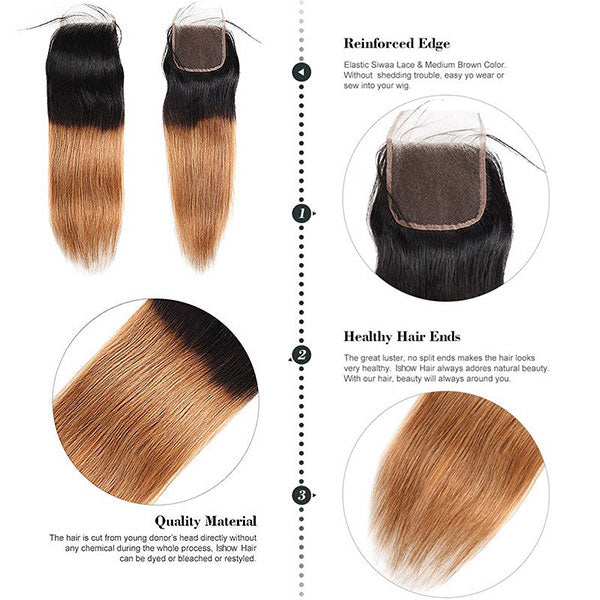 Ombre Straight Virgin Human Hair 3 Bundles With Lace Closure T1B/30