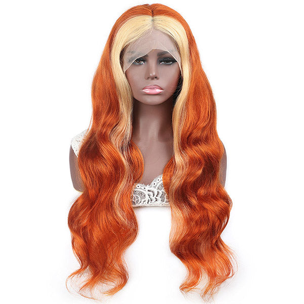 Orange Wig with Blonde Highlights 13x4 HD Lace Wig Body Wave Human Hair Wigs T Part Lace Front Wigs