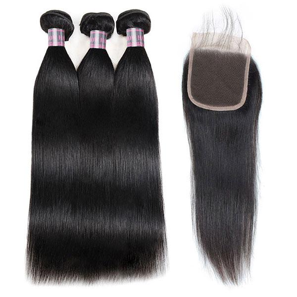 Ishow Hair Malaysian Straight Human Hair 3 Bundles With 4*4 Lace Closure Virgin Hair