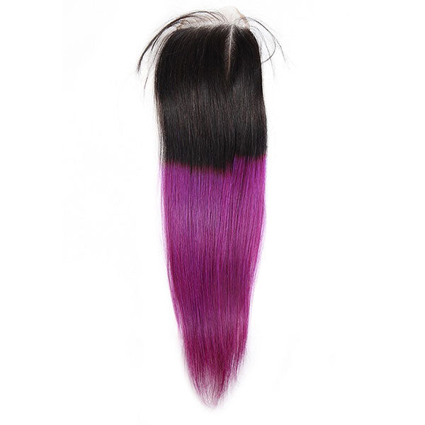 Ombre Straight Human Hair Weave 3 Bundles With Lace Closure T1b/Purple