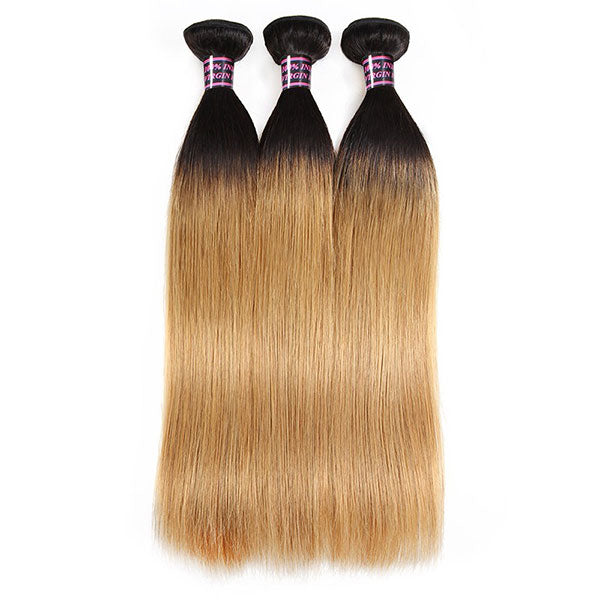 100% Virgin Ombre Straight Human Hair 3 Bundles With Lace Closure T1B/27