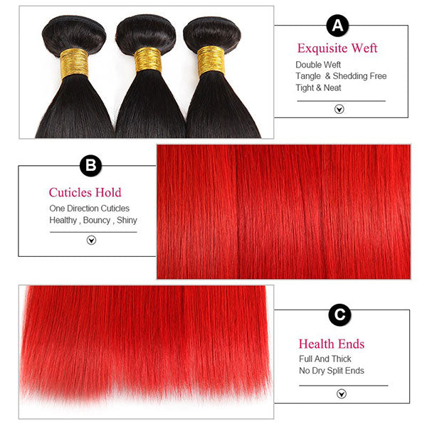 Ombre Virgin Straight Human Hair Weave Extensions With Lace Closure 1B/Red Color