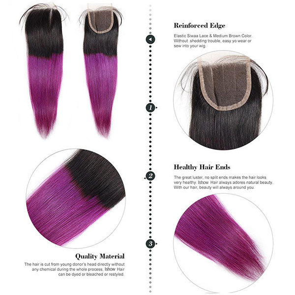 Ombre Straight Human Hair Weave 3 Bundles With Lace Closure T1b/Purple