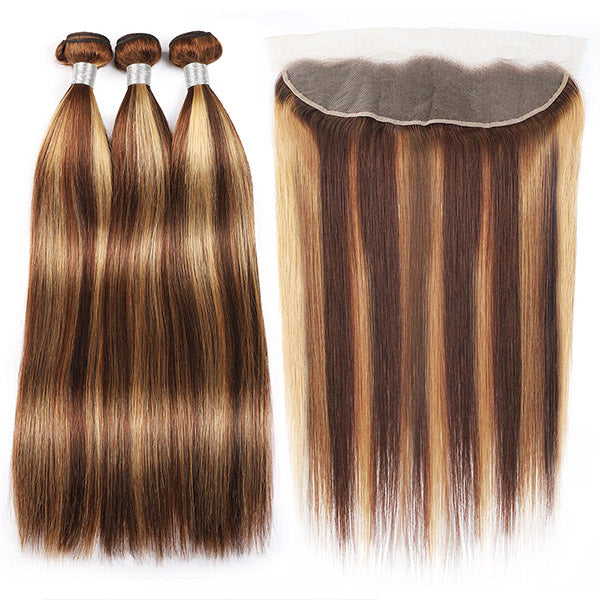 Brazilian Highlight Straight Hair Bundles with 13*4 Lace Frontal Virgin Human Hair