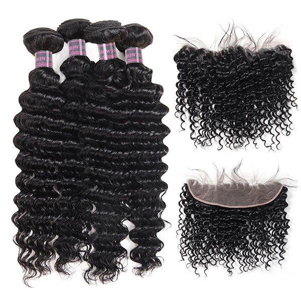 Ishow Virgin Brazilian Deep Wave Human Hair 4 Bundles With Lace Frontal Closure