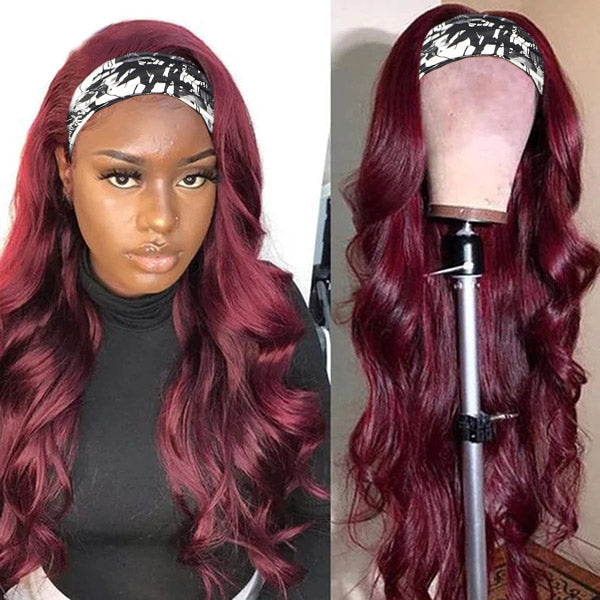 Headband Wig Burgundy Human Hair Wigs With Headband 150% Density